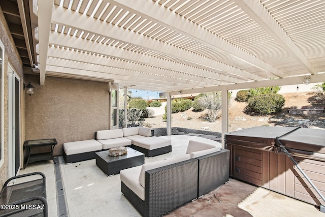 view of patio featuring an outdoor living space and a hot tub