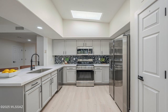 kitchen with sink, backsplash, gray cabinets, and appliances with stainless steel finishes