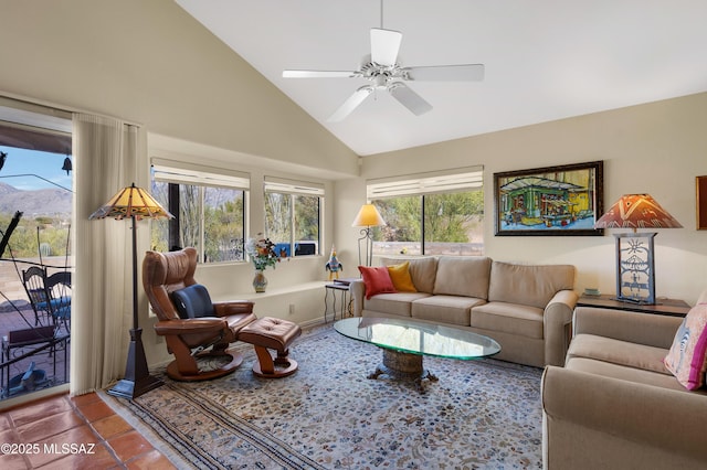 living room with high vaulted ceiling, tile patterned floors, and ceiling fan