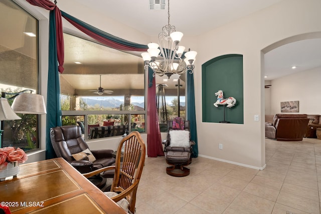 tiled office space with ceiling fan with notable chandelier