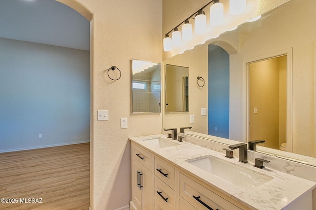 full bath featuring a sink, baseboards, wood finished floors, and double vanity