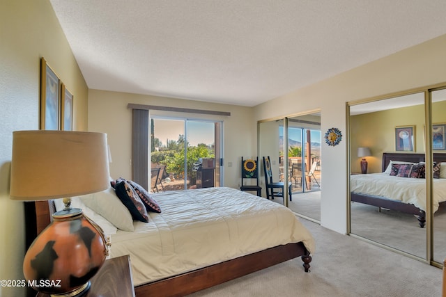 bedroom featuring a textured ceiling, light carpet, and access to outside