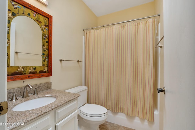 full bathroom featuring vanity, shower / tub combo with curtain, and toilet