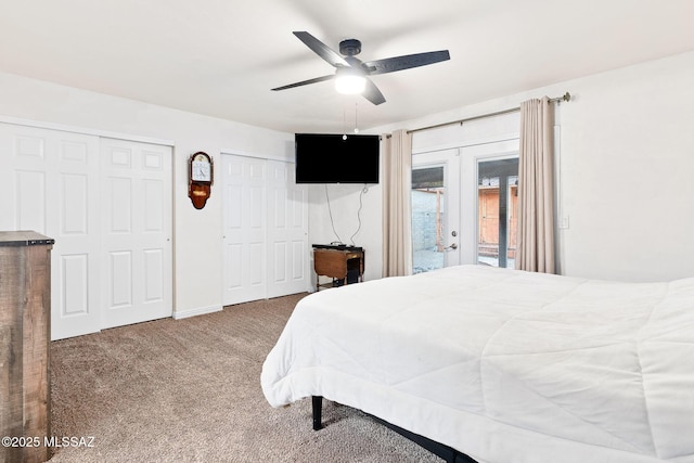 carpeted bedroom featuring multiple closets, ceiling fan, and access to exterior