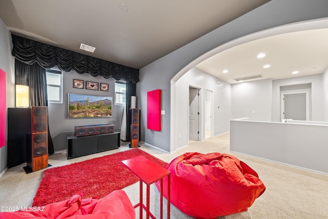 interior space featuring light colored carpet