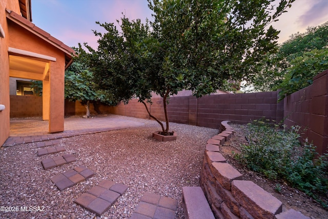 yard at dusk featuring a patio