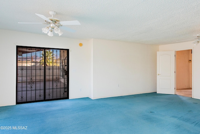 unfurnished room with carpet, a textured ceiling, and ceiling fan