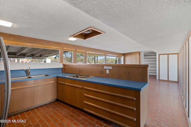 kitchen with sink, a textured ceiling, and white electric stovetop