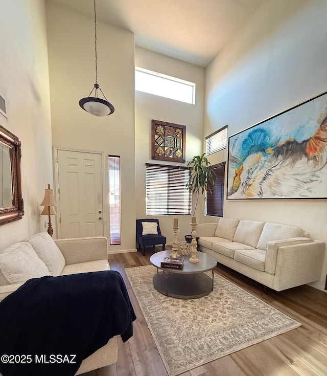 living room featuring hardwood / wood-style floors and a high ceiling