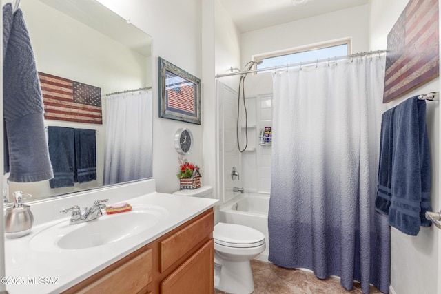 full bathroom featuring vanity, shower / bathtub combination with curtain, tile patterned floors, and toilet