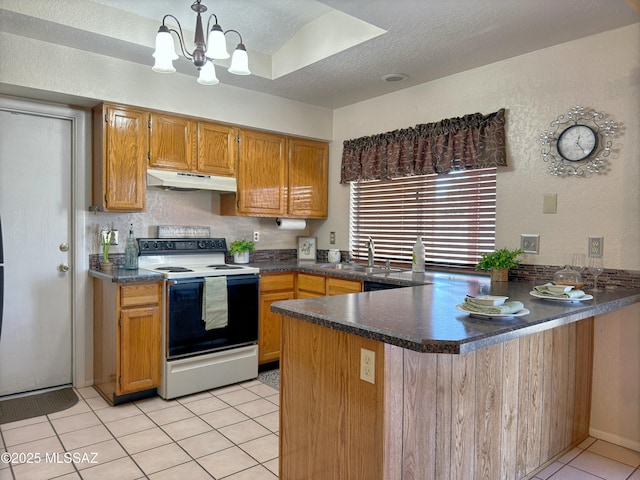 kitchen with sink, white electric range oven, a textured ceiling, and kitchen peninsula