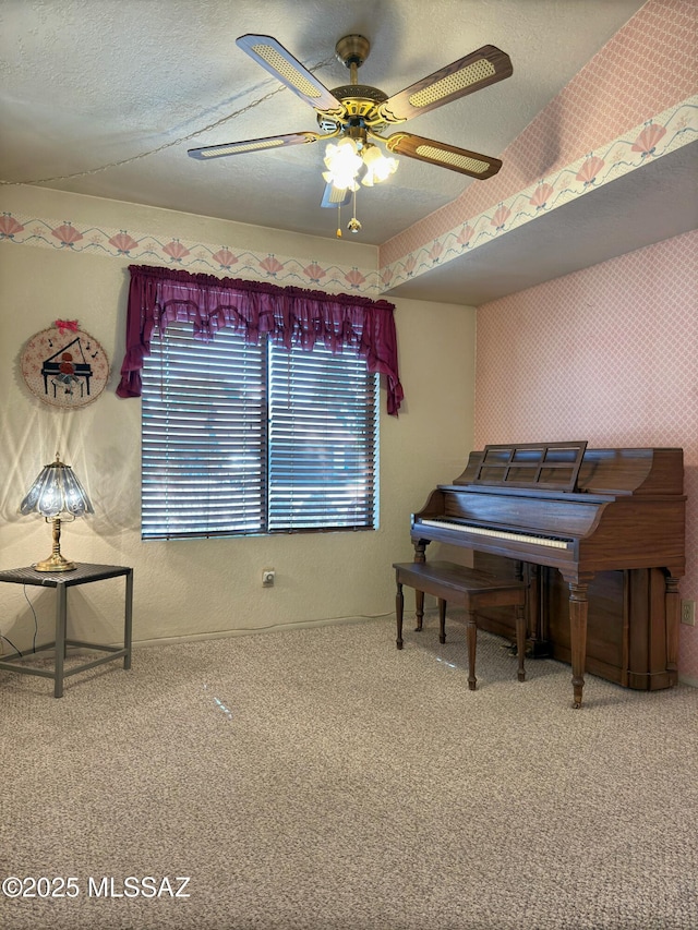 miscellaneous room with ceiling fan, carpet floors, and a textured ceiling