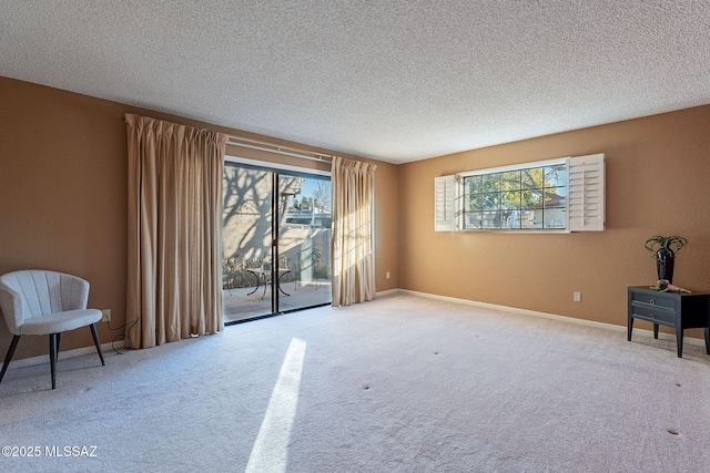 sitting room with light colored carpet and a textured ceiling