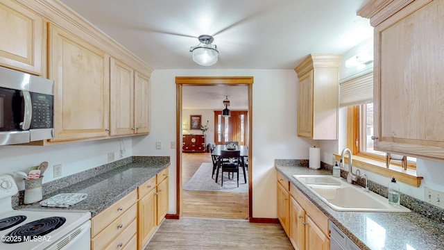 kitchen featuring white electric range oven, stainless steel microwave, light brown cabinets, and a sink