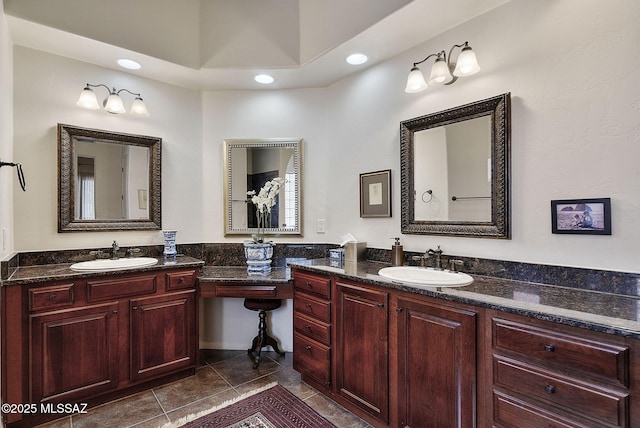 full bath featuring tile patterned floors, recessed lighting, and vanity