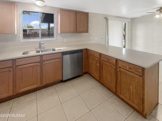 kitchen featuring light tile patterned flooring, sink, stainless steel dishwasher, kitchen peninsula, and decorative backsplash