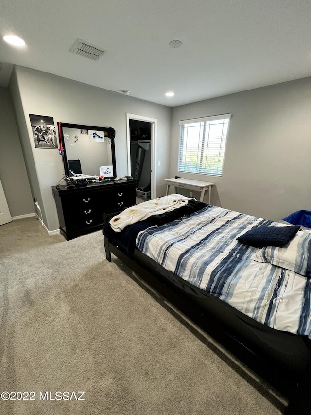 bedroom featuring a spacious closet and carpet floors