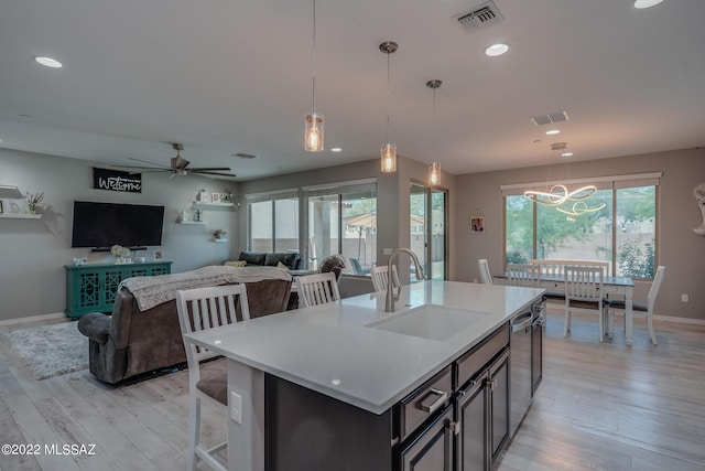 kitchen with pendant lighting, sink, an island with sink, stainless steel dishwasher, and light wood-type flooring