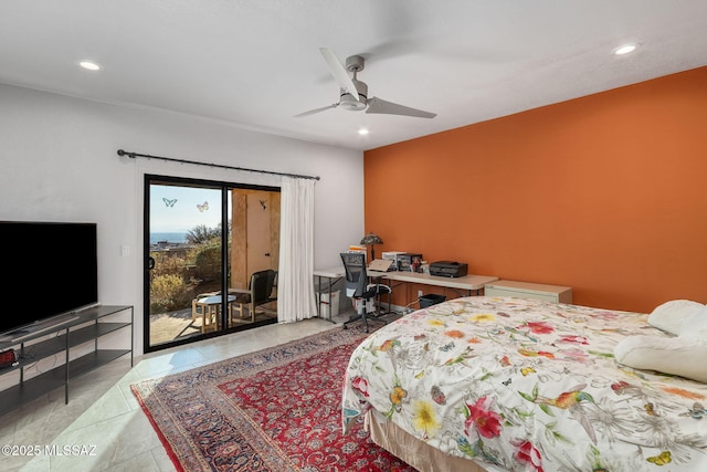 bedroom featuring ceiling fan, light tile patterned floors, and access to outside