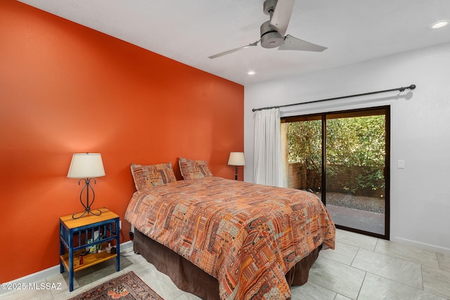 bedroom with access to exterior and ceiling fan