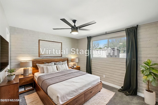 carpeted bedroom with baseboards, a ceiling fan, and access to outside