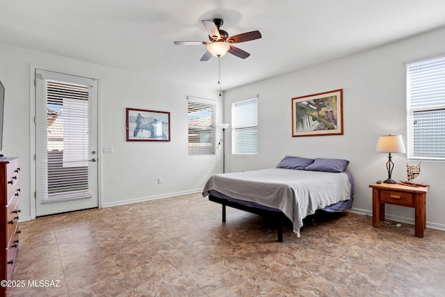 bedroom featuring ceiling fan and baseboards