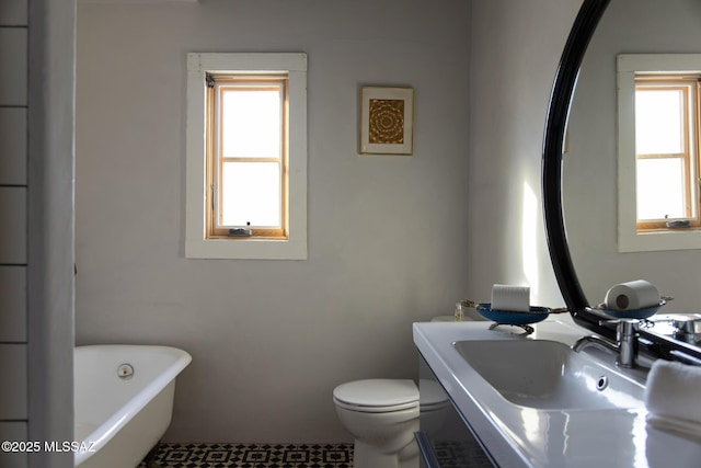 bathroom with toilet, sink, and a washtub