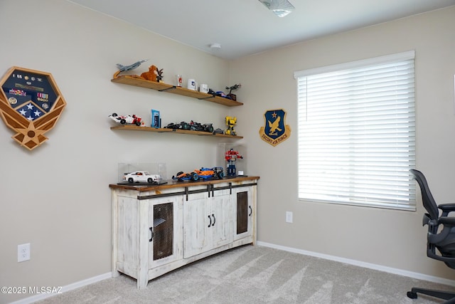 bar featuring light colored carpet