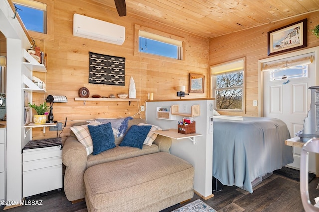 living area featuring a wall mounted air conditioner, dark wood-type flooring, wooden ceiling, and wooden walls