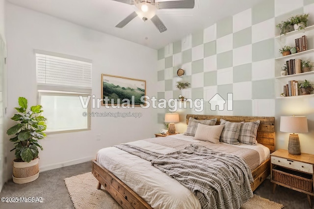 bedroom with carpet floors, baseboards, and a ceiling fan