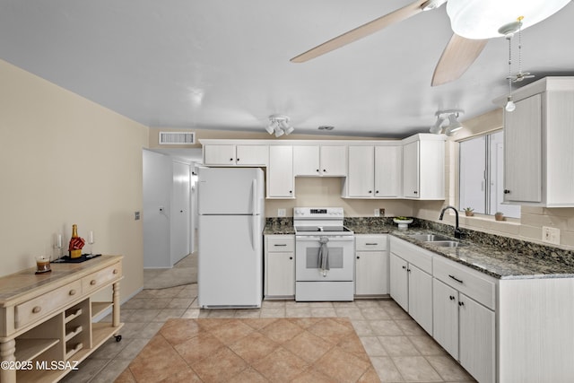 kitchen featuring white cabinetry, white appliances, ceiling fan, and sink