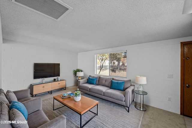 carpeted living room with a textured ceiling