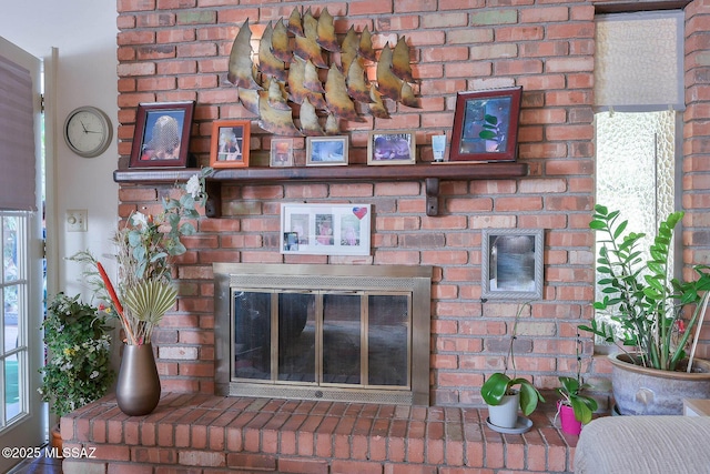 room details with a brick fireplace