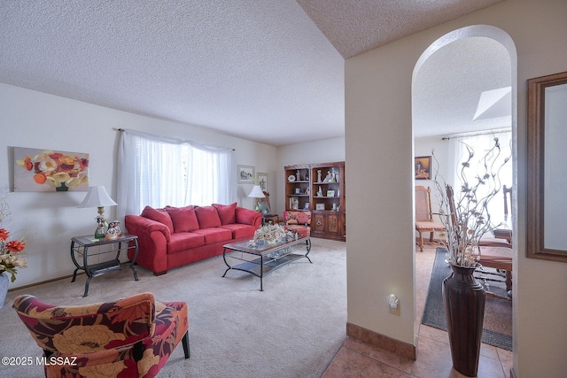 carpeted living room with a textured ceiling