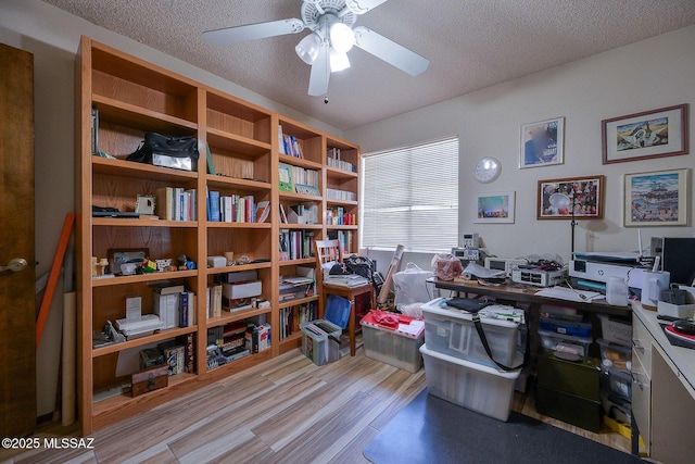 office with ceiling fan, light hardwood / wood-style floors, and a textured ceiling