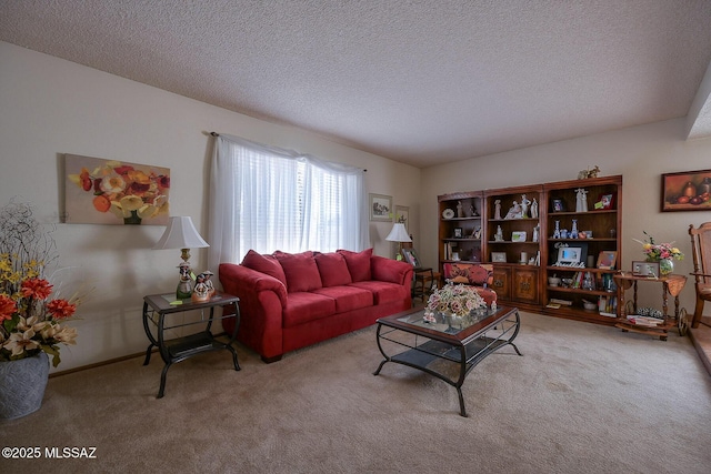 carpeted living room with a textured ceiling