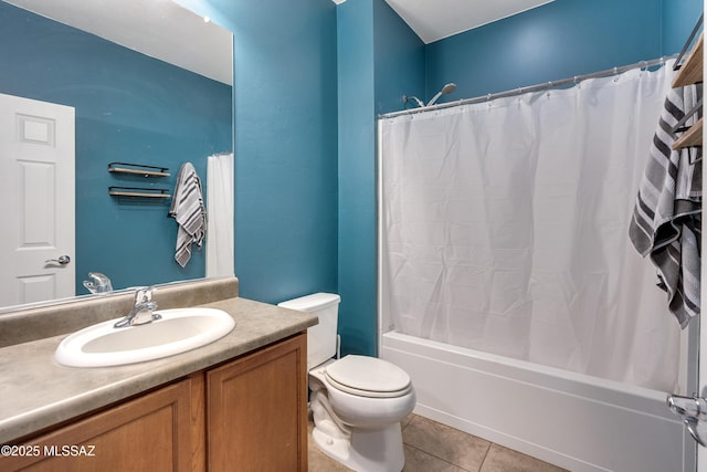 full bathroom featuring tile patterned flooring, vanity, shower / bath combination with curtain, and toilet