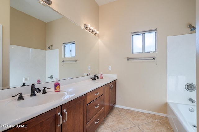 bathroom with vanity, bathtub / shower combination, and tile patterned floors