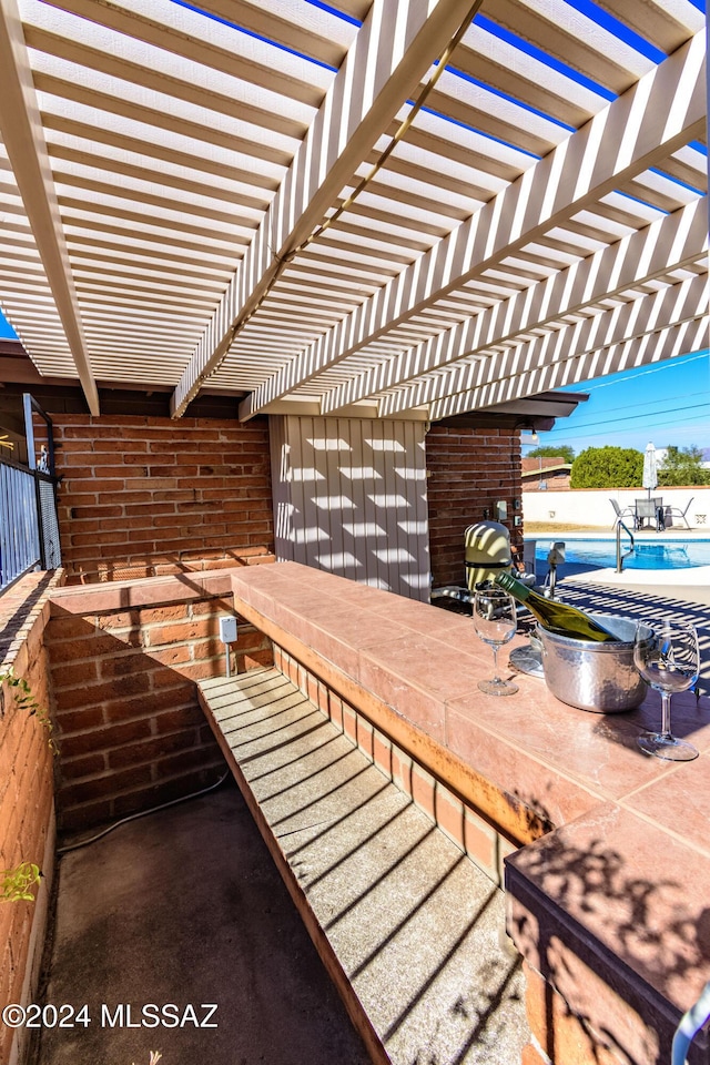 view of patio with a fenced in pool and a pergola