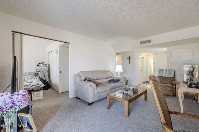 living room with carpet floors and a textured ceiling