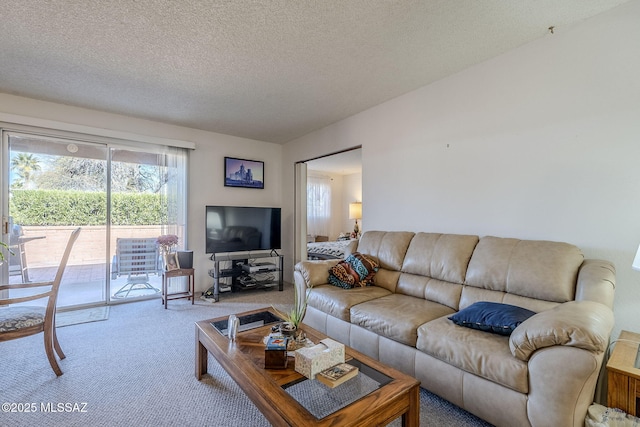 carpeted living room featuring a textured ceiling