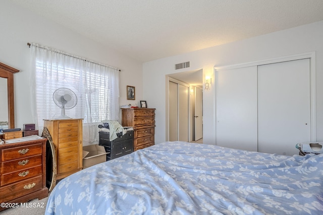 bedroom with a closet and a textured ceiling