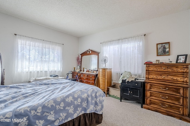 bedroom with carpet and a textured ceiling