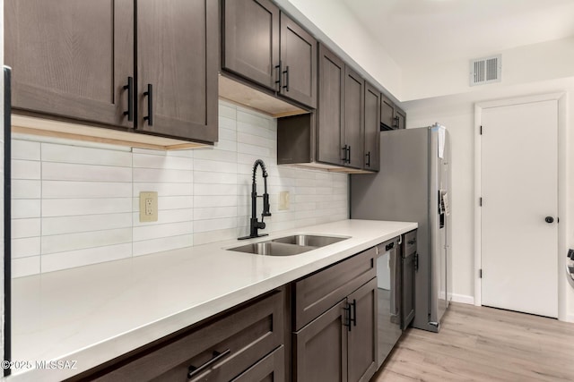 kitchen with sink, light hardwood / wood-style flooring, stainless steel appliances, dark brown cabinetry, and decorative backsplash