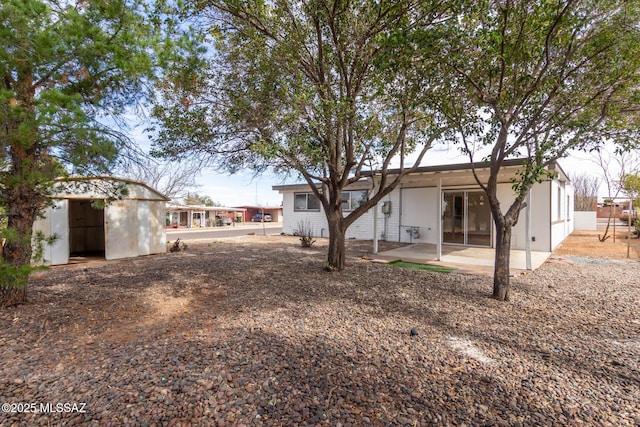 view of yard featuring a patio area and a storage unit