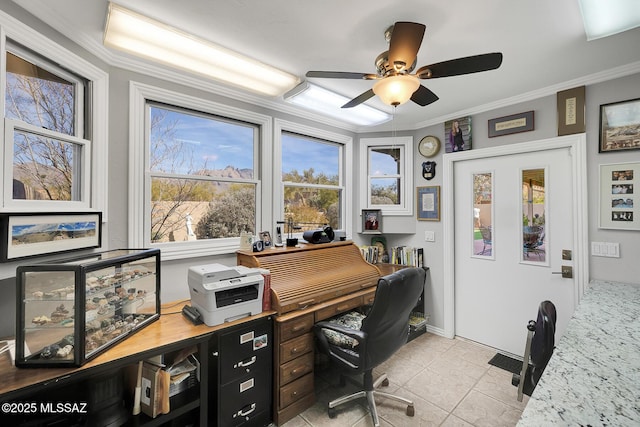 tiled office with crown molding, ceiling fan, and a healthy amount of sunlight