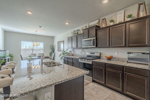 kitchen featuring appliances with stainless steel finishes, pendant lighting, an island with sink, sink, and a kitchen breakfast bar