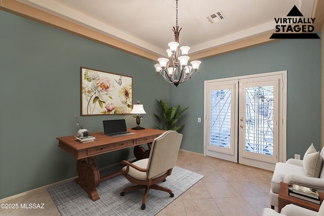 tiled office featuring an inviting chandelier, a tray ceiling, and french doors