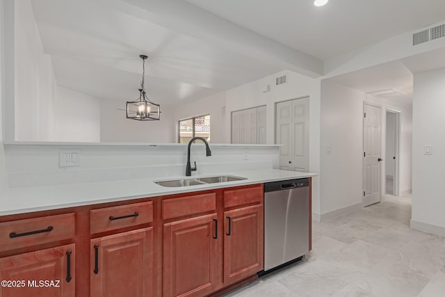 kitchen with pendant lighting, an inviting chandelier, dishwasher, and sink