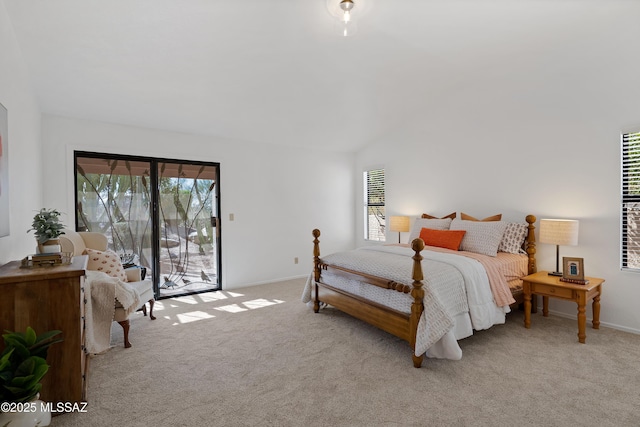 bedroom featuring access to exterior, lofted ceiling, light carpet, and baseboards